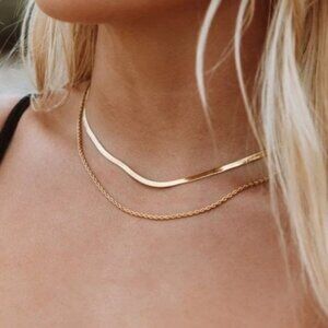 Necklace Layered Gold Herringbone & Rope Chain Necklace WATERPROOF 2 in 1